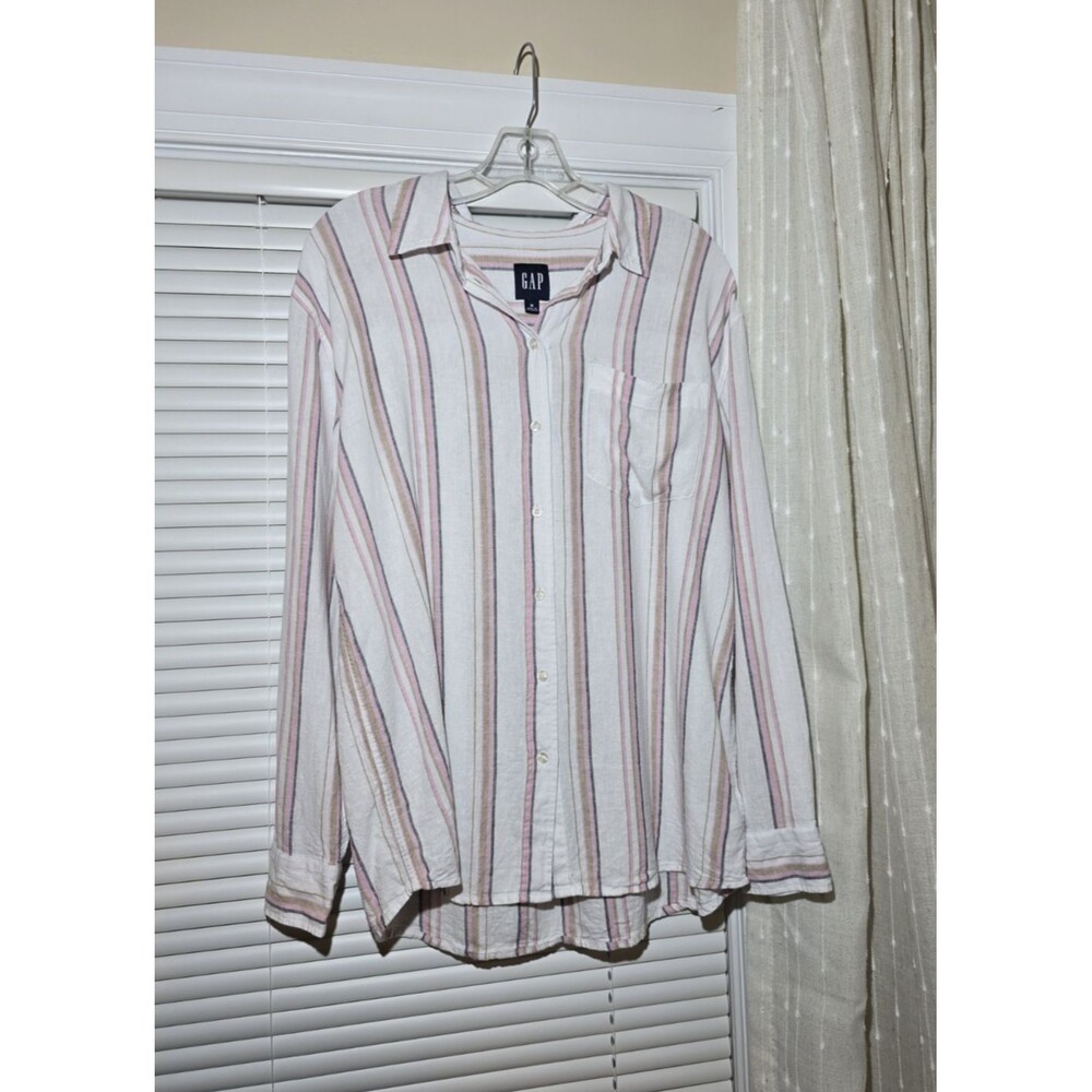 GAP Linen Blend Striped Button Up Boyfriend Shirt Long Sleeve M Cottagecore Boho